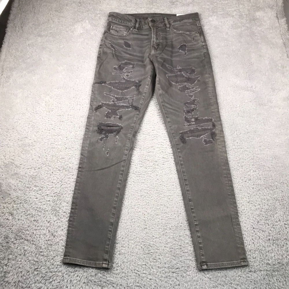 American Eagle Jeans Mens 29x32 Gray Destroyed Athletic‎ Skinny AirFlex NEW NWT